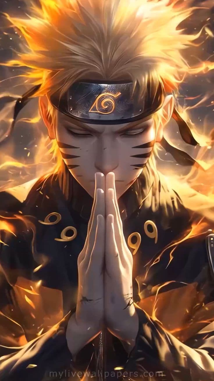 This may contain: an anime character holding his hands together in front of fire and flames behind him,