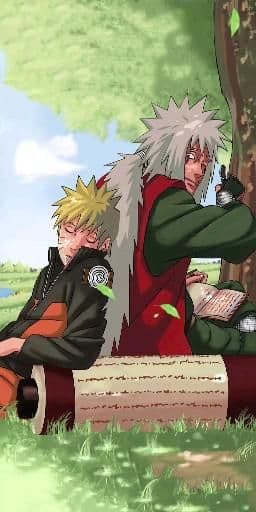 This may contain: two anime characters sitting on a bench in the grass, one with his arm around the other's head