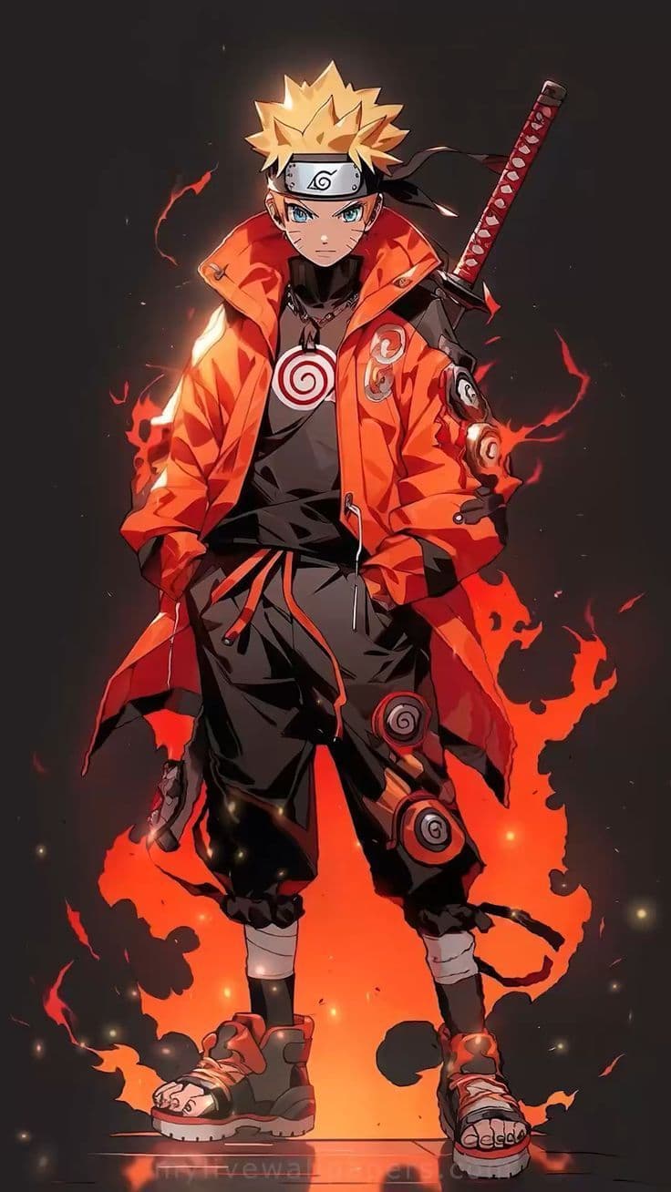 This may contain: the character naruta is standing in front of an orange fire and black background