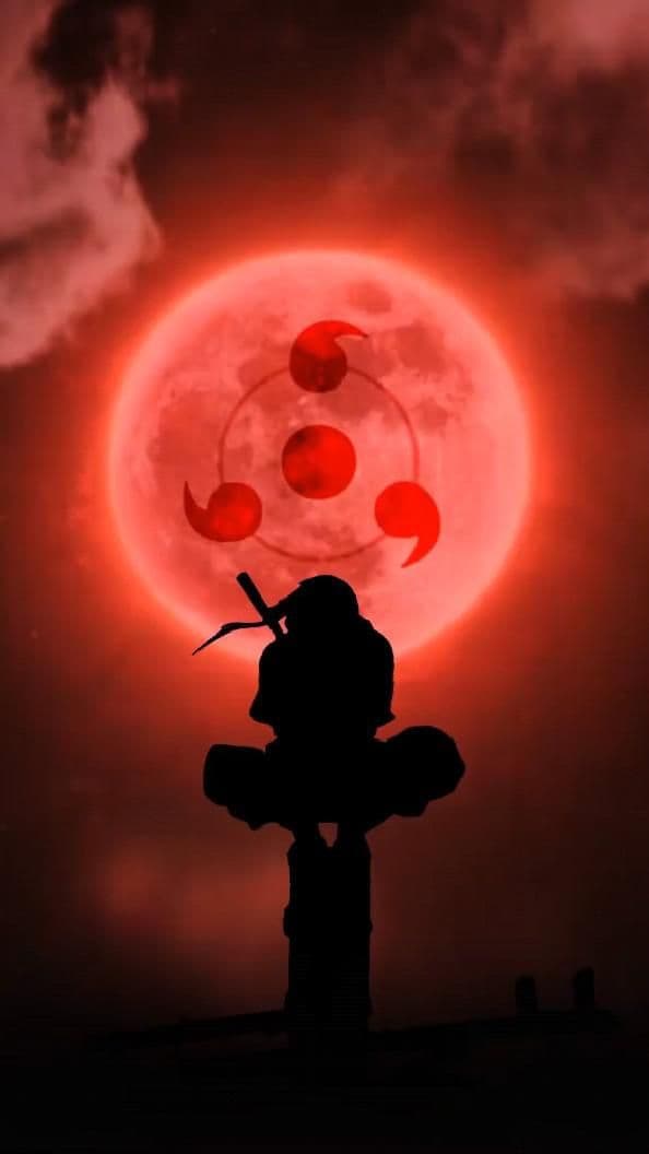 This may contain: the silhouette of a person holding a knife in front of a red moon