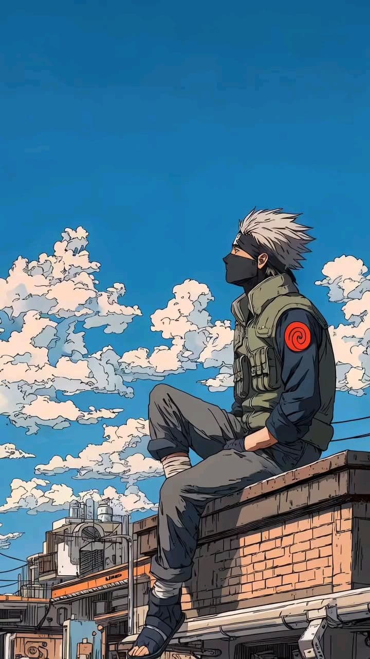 This may contain: a man sitting on top of a brick wall next to a sky filled with clouds