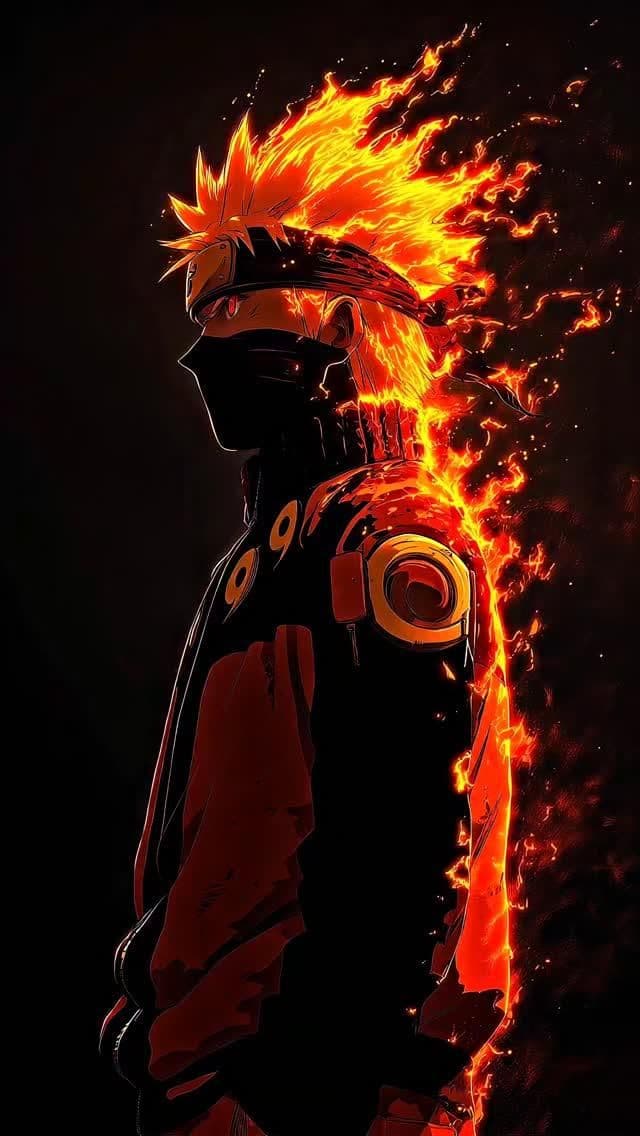This may contain: an anime character with fire coming out of his hair and wearing a black outfit, standing in front of a