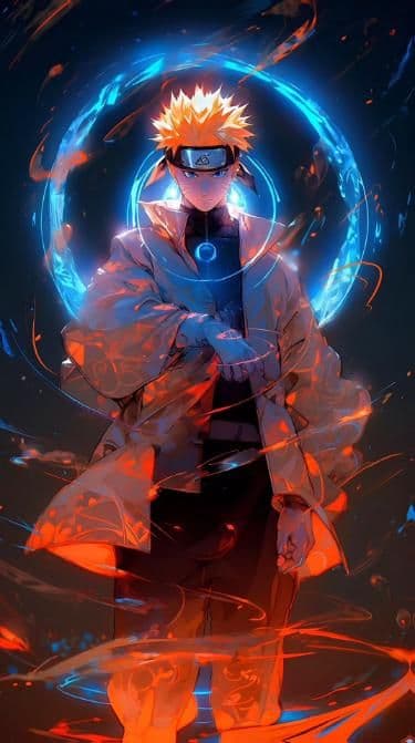 This may contain: an anime character standing in front of a blue circle with red and orange swirls