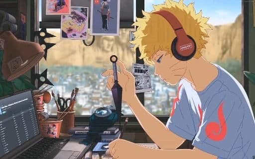 This may contain: a man sitting at a desk with headphones on and looking at a computer screen