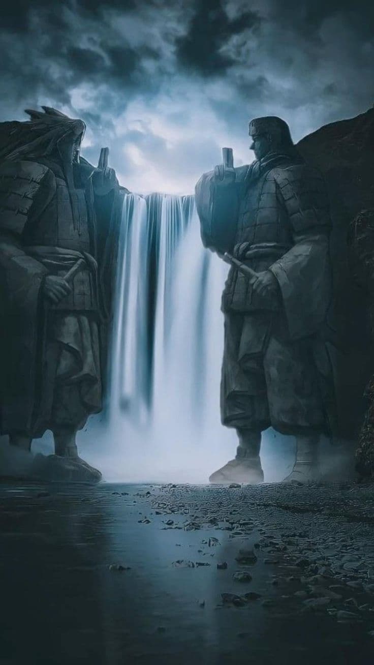 This may contain: two statues standing in front of a waterfall