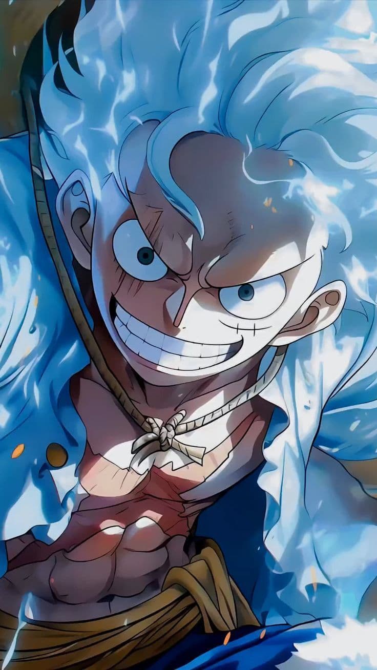 This may contain: an anime character with white hair and blue eyes is in the middle of his body