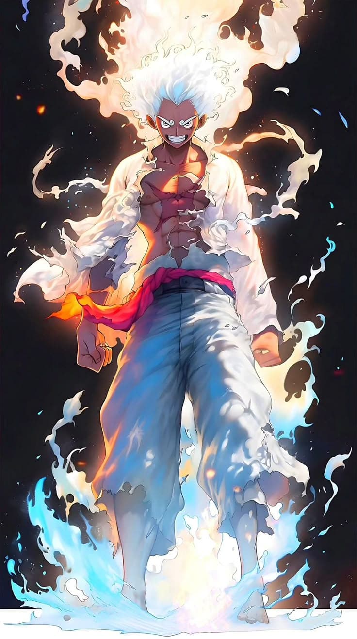 This may contain: an anime character with white hair and blue eyes, standing in front of fire flames