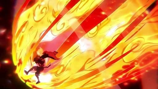 This may contain: an animated image of a person in front of a fireball with flames coming out of it