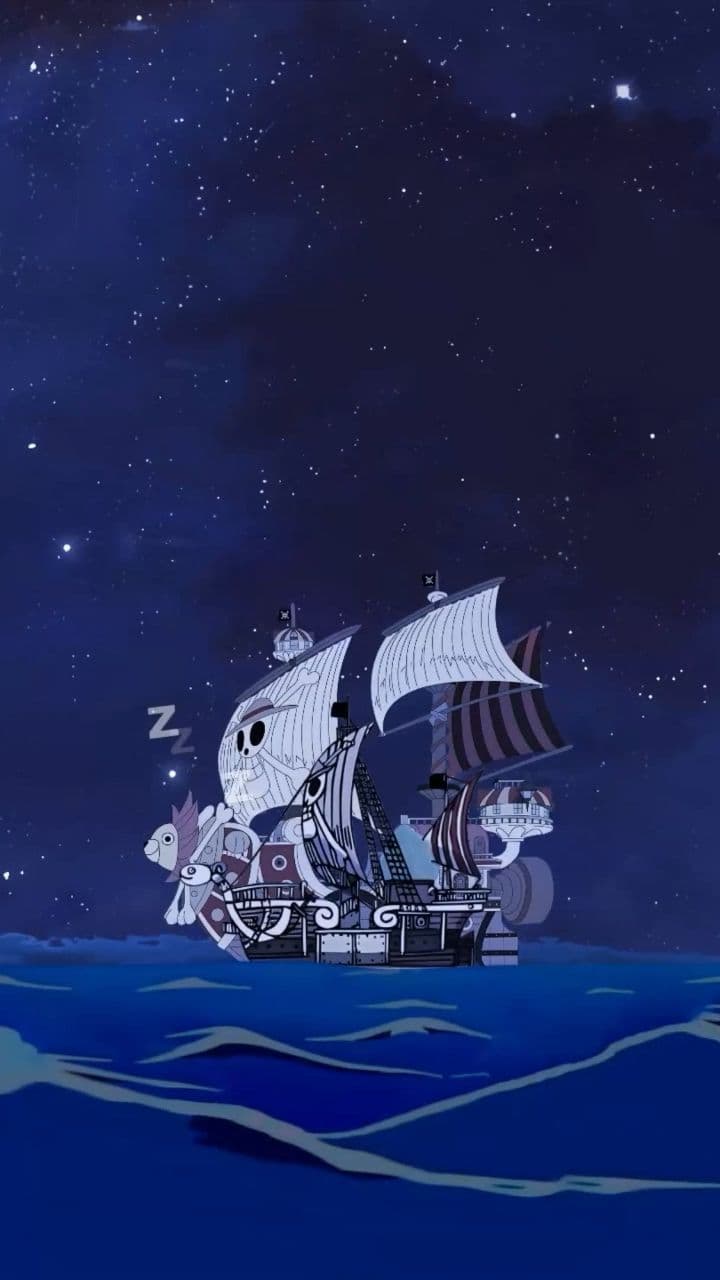 This may contain: an animated image of a pirate ship floating in the ocean at night with stars above it
