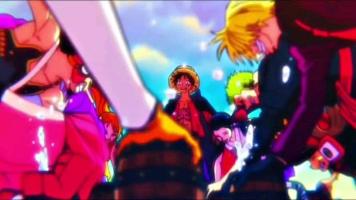 This may contain: an anime scene with many people standing around and one person is looking at the camera