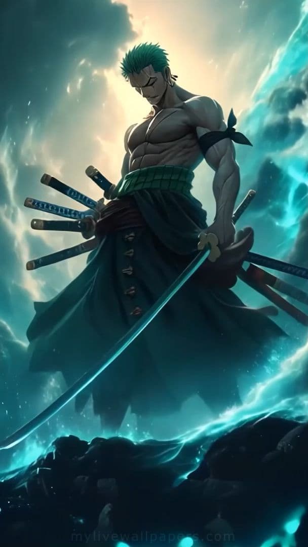 This may contain: an anime character holding two swords in his hands and standing on top of a wave