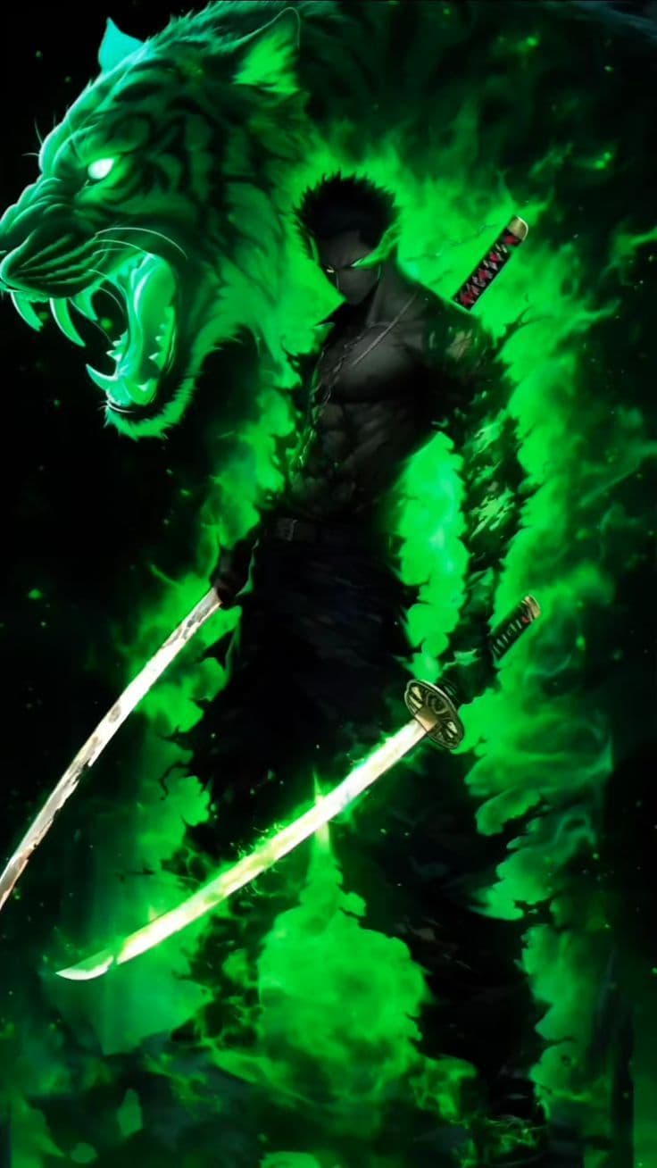 This may contain: an image of a man holding two swords in front of a green demon with his mouth open