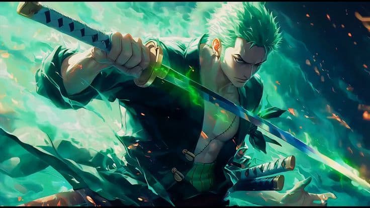 This may contain: an anime character holding two swords in his hands
