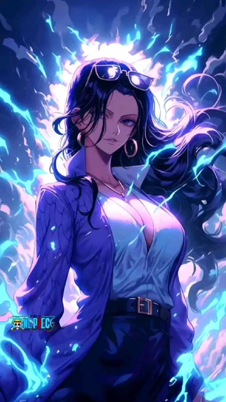 This may contain: a woman with long hair and glasses standing in front of a blue lightening background
