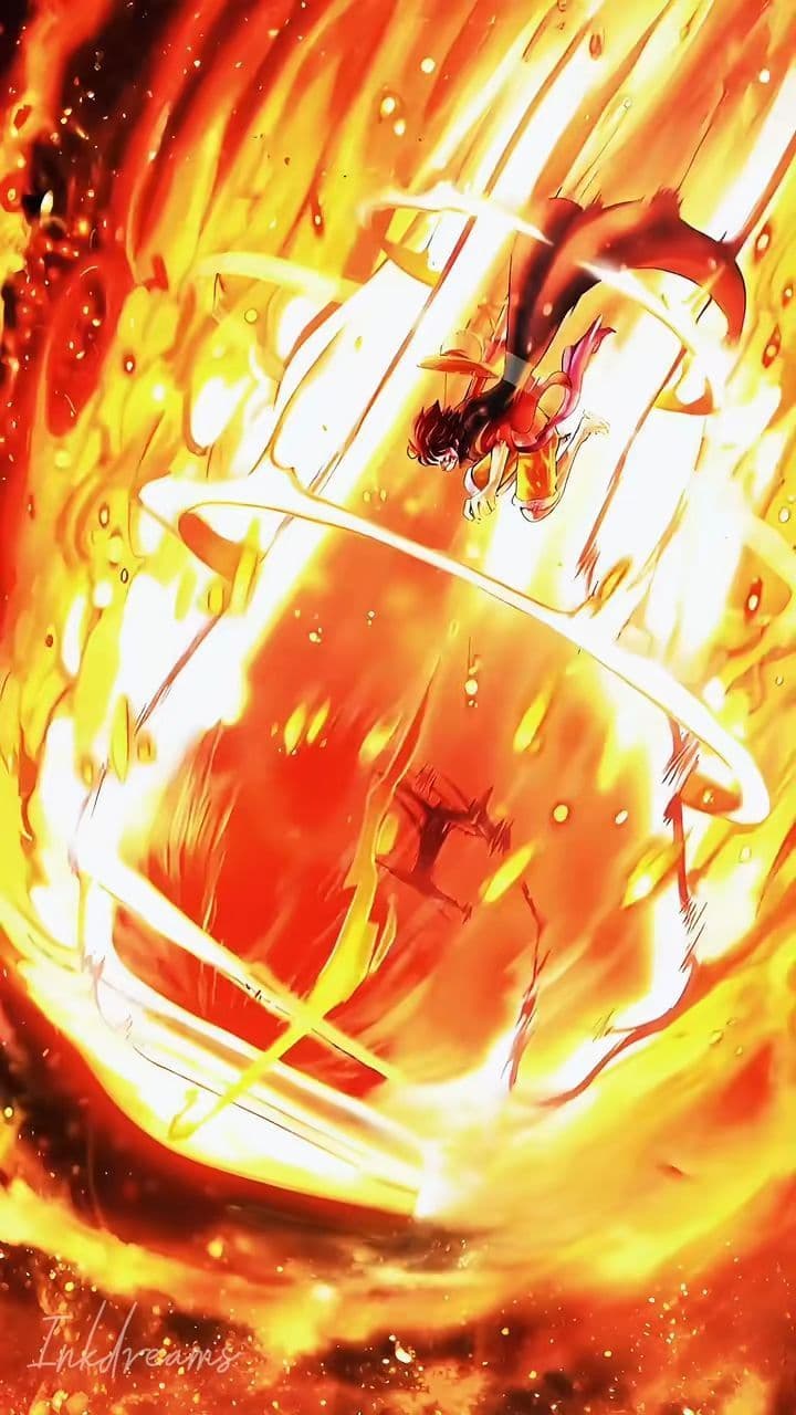 This may contain: an anime character flying through the air with fire and flames around him in front of a black backgrou
