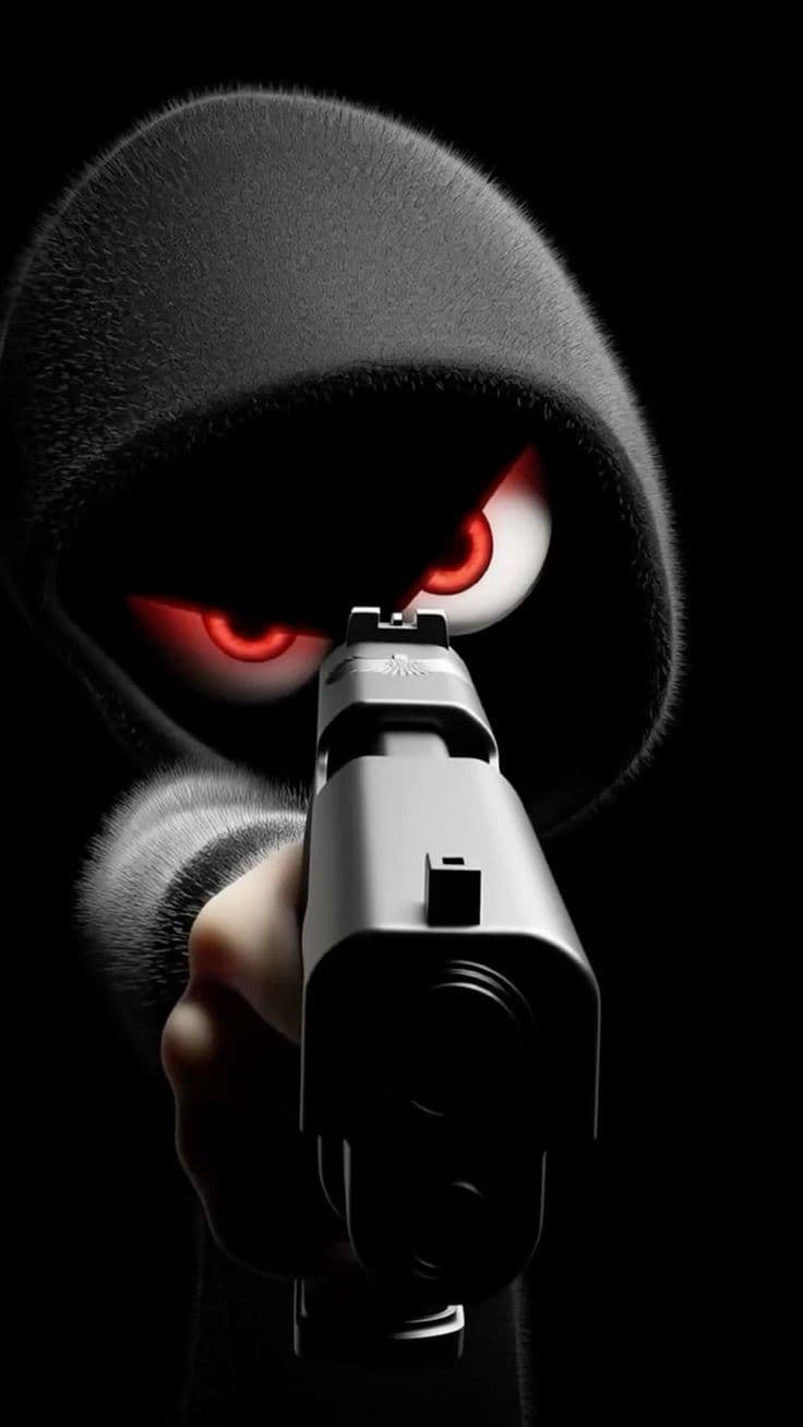 a person holding a camera in front of their face with red eyes and hood on