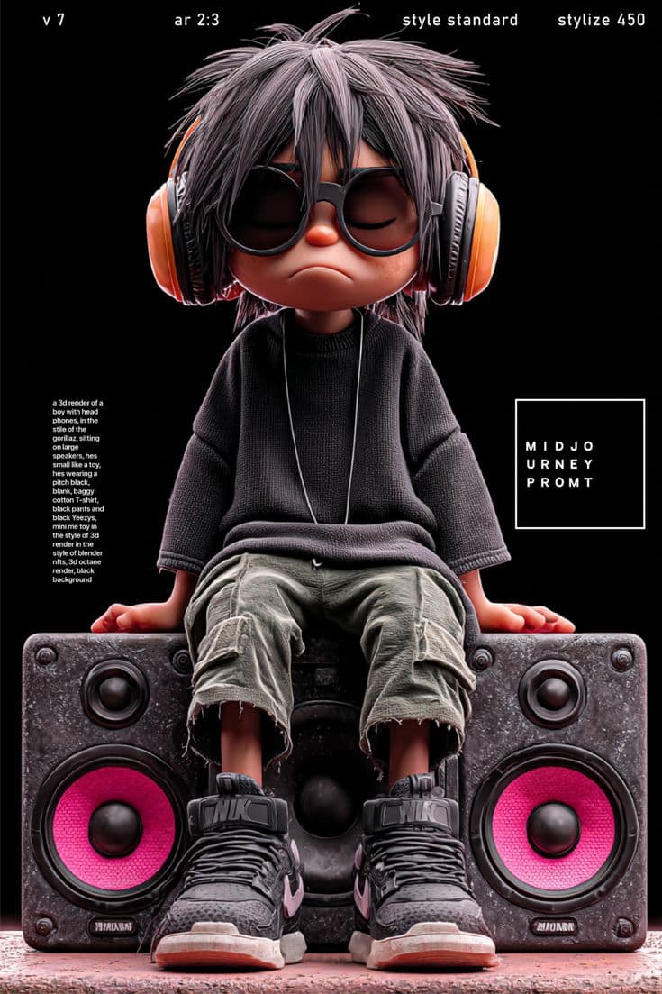 a doll with headphones sitting on top of a speaker