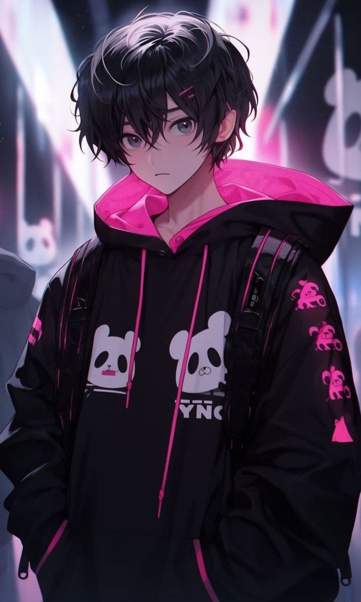 a man with black hair and pink hoodie standing in front of a neon background
