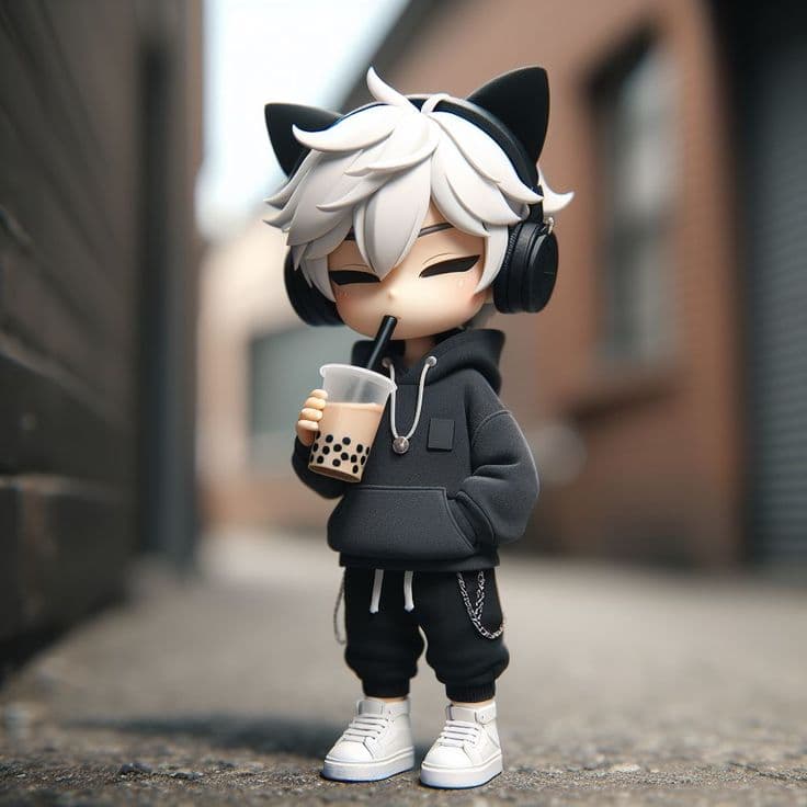 a small doll with headphones and a drink in its hand is standing on the street