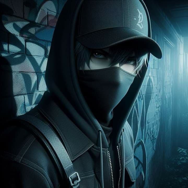a man wearing a black hoodie and mask in front of a graffiti covered wall