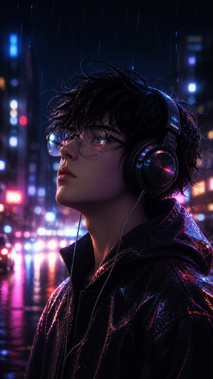 a young man wearing headphones standing in front of a cityscape at night
