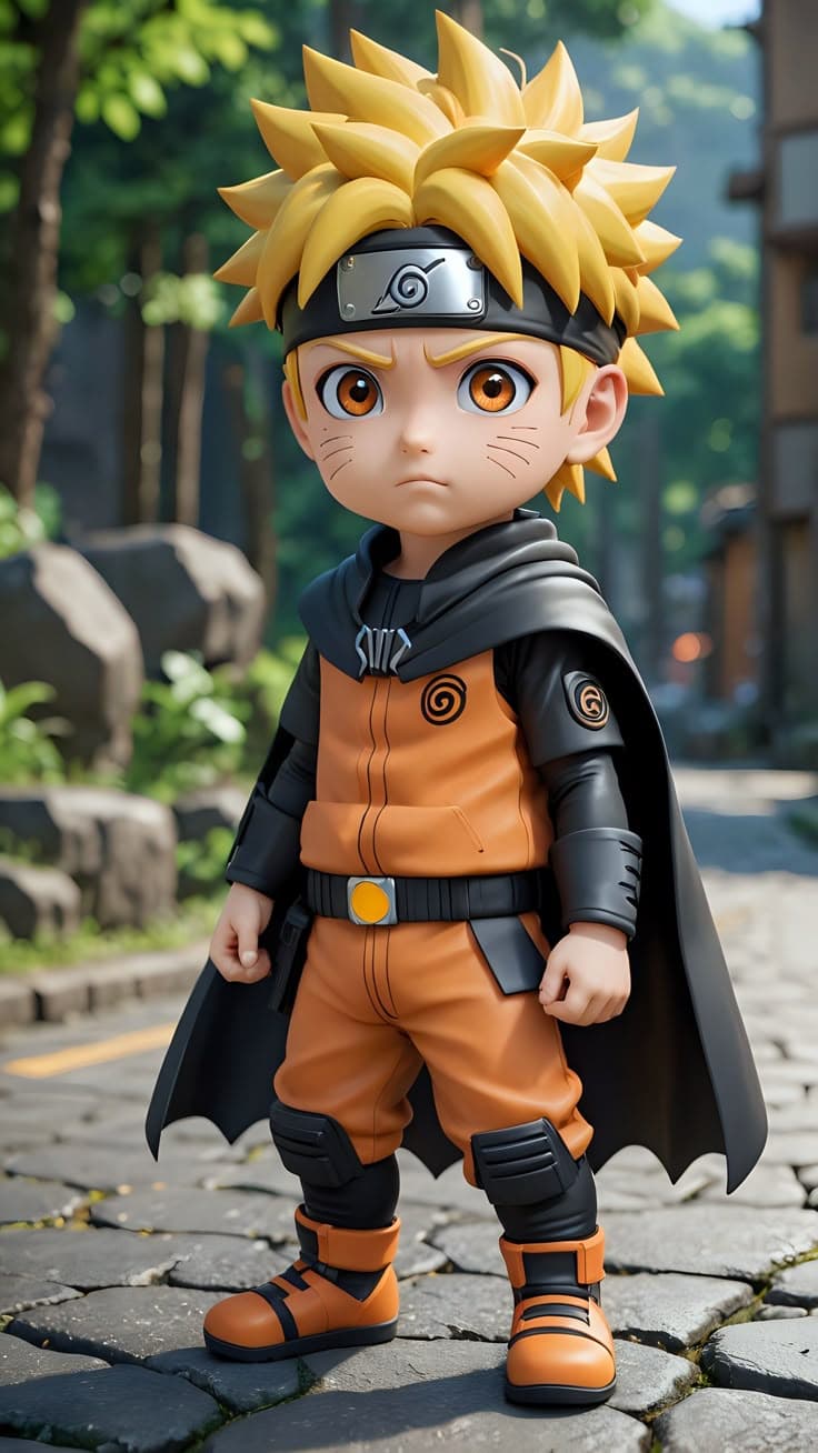 the action figure is dressed in an orange outfit and black cape, standing on cobblestone