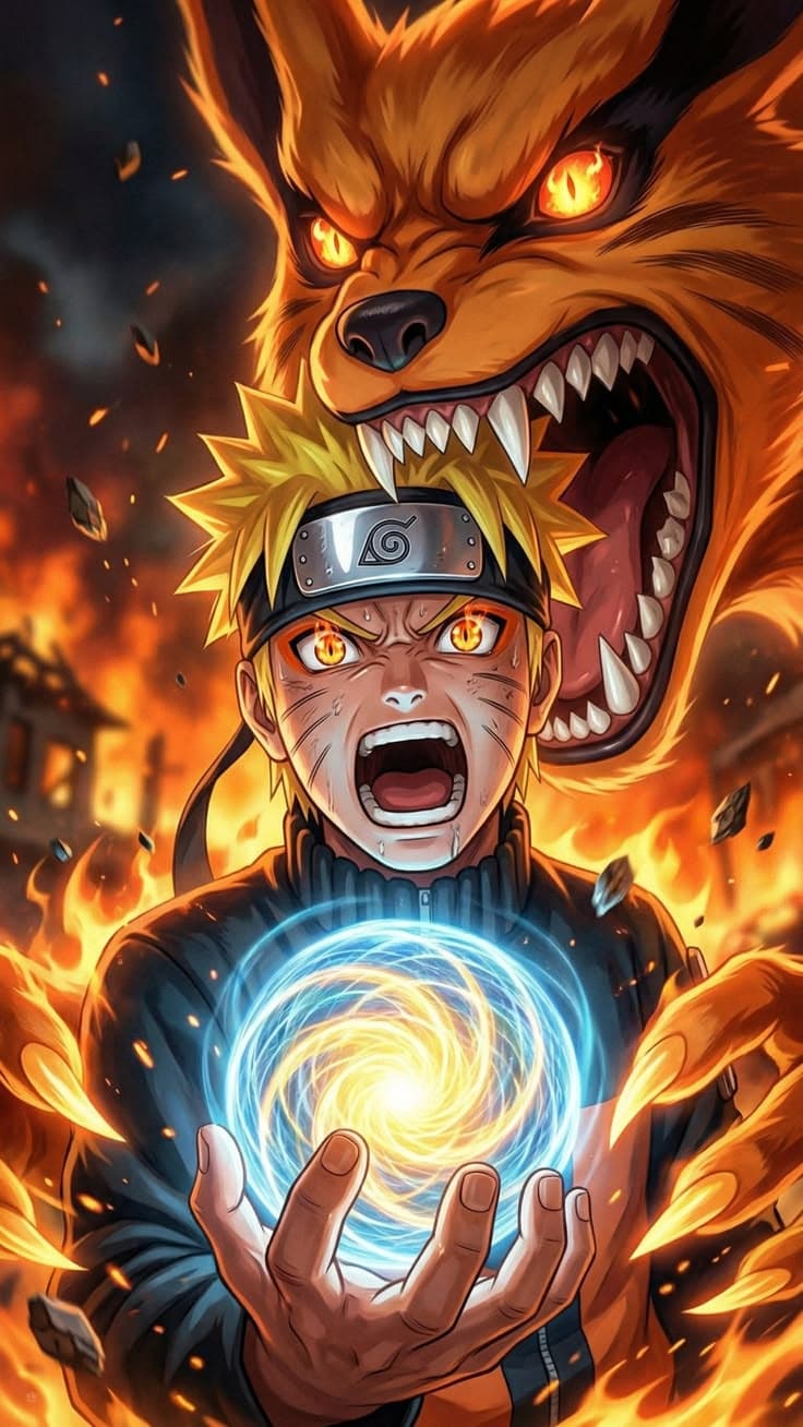 an anime character holding a ball in front of a fire and flames background with his mouth open