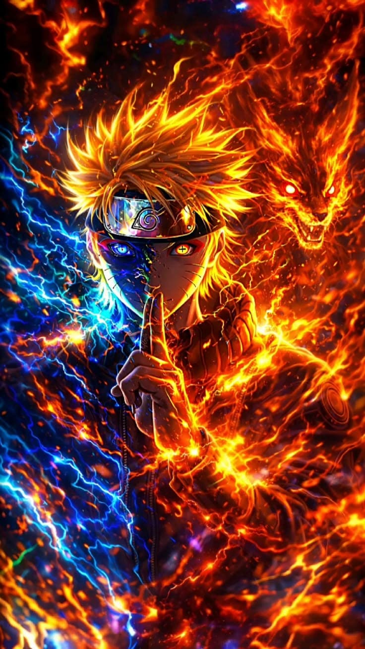 an anime character is surrounded by fire and blue flames in the background, as well as his eyes