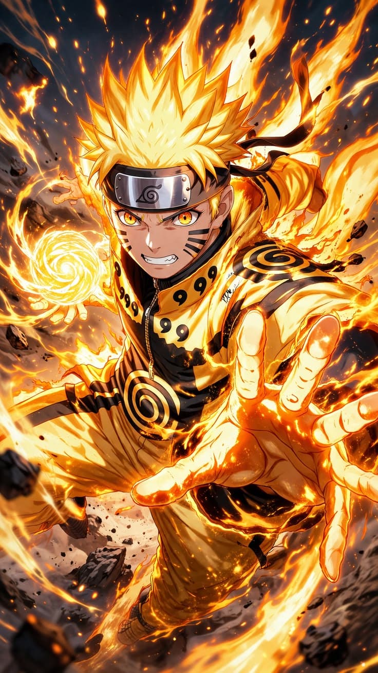 an anime character with yellow hair and black eyes, holding his arms out in the air