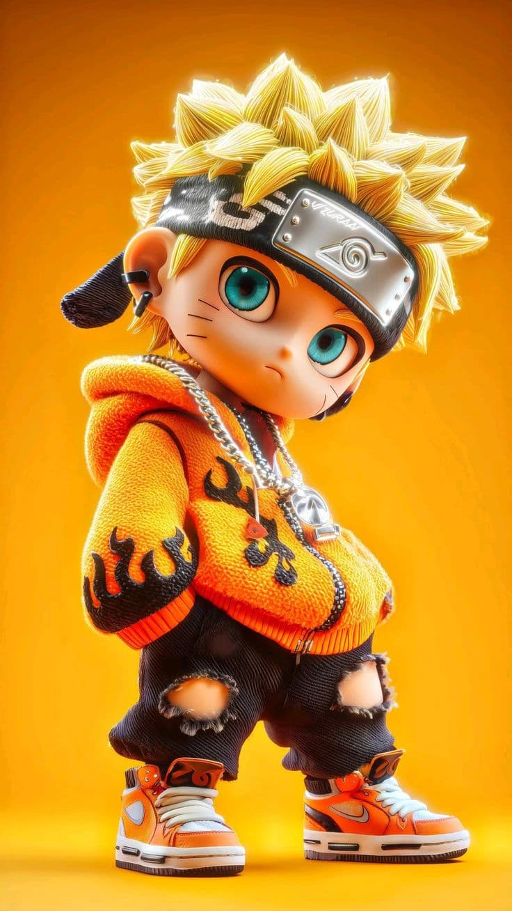 a cartoon character with big blue eyes wearing an orange sweater and black pants, standing in front of a yellow backgrou