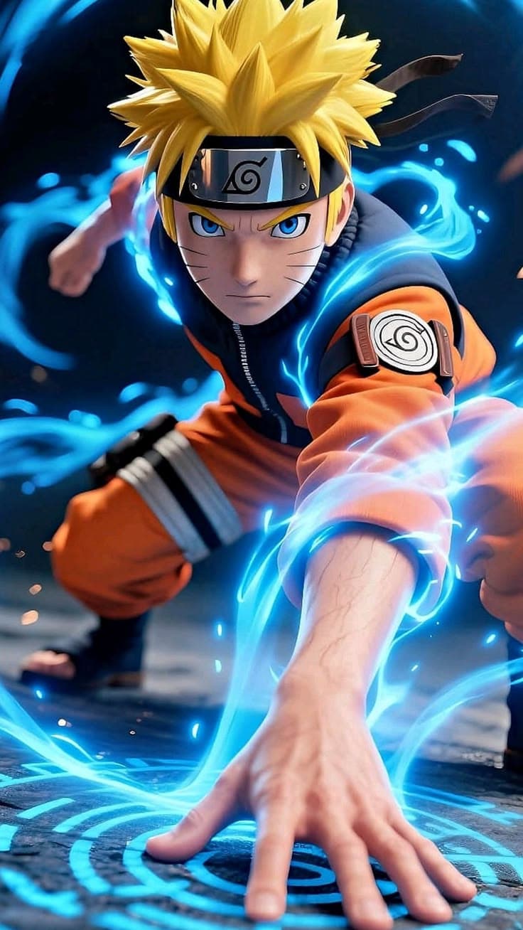 the character naruta is in action with his hands outstretched and glowing blue lights behind him