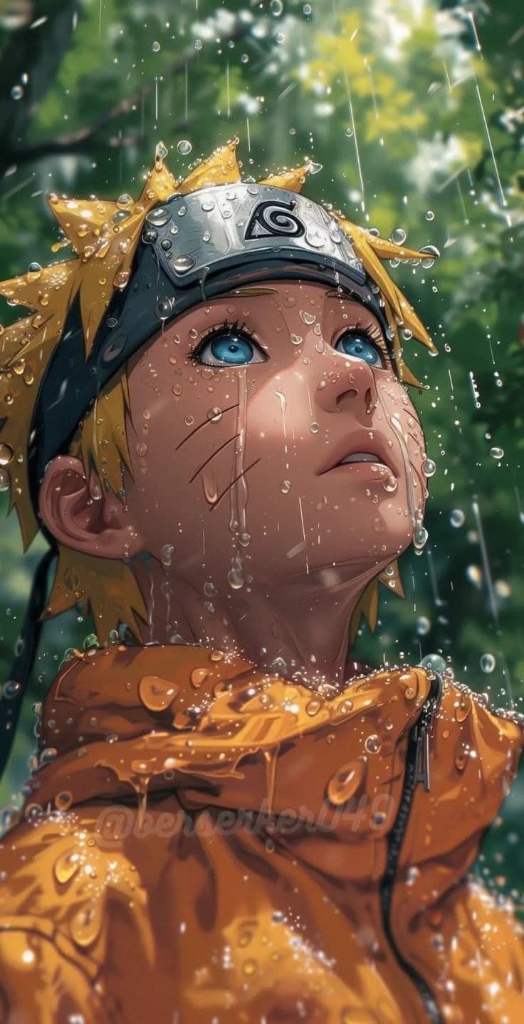an anime character in the rain with blue eyes and a yellow jacket, looking up at something