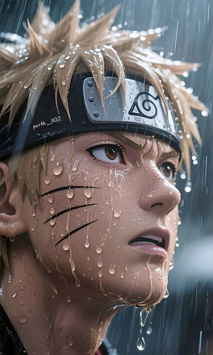 a close up of a person in the rain with an anime character on his face