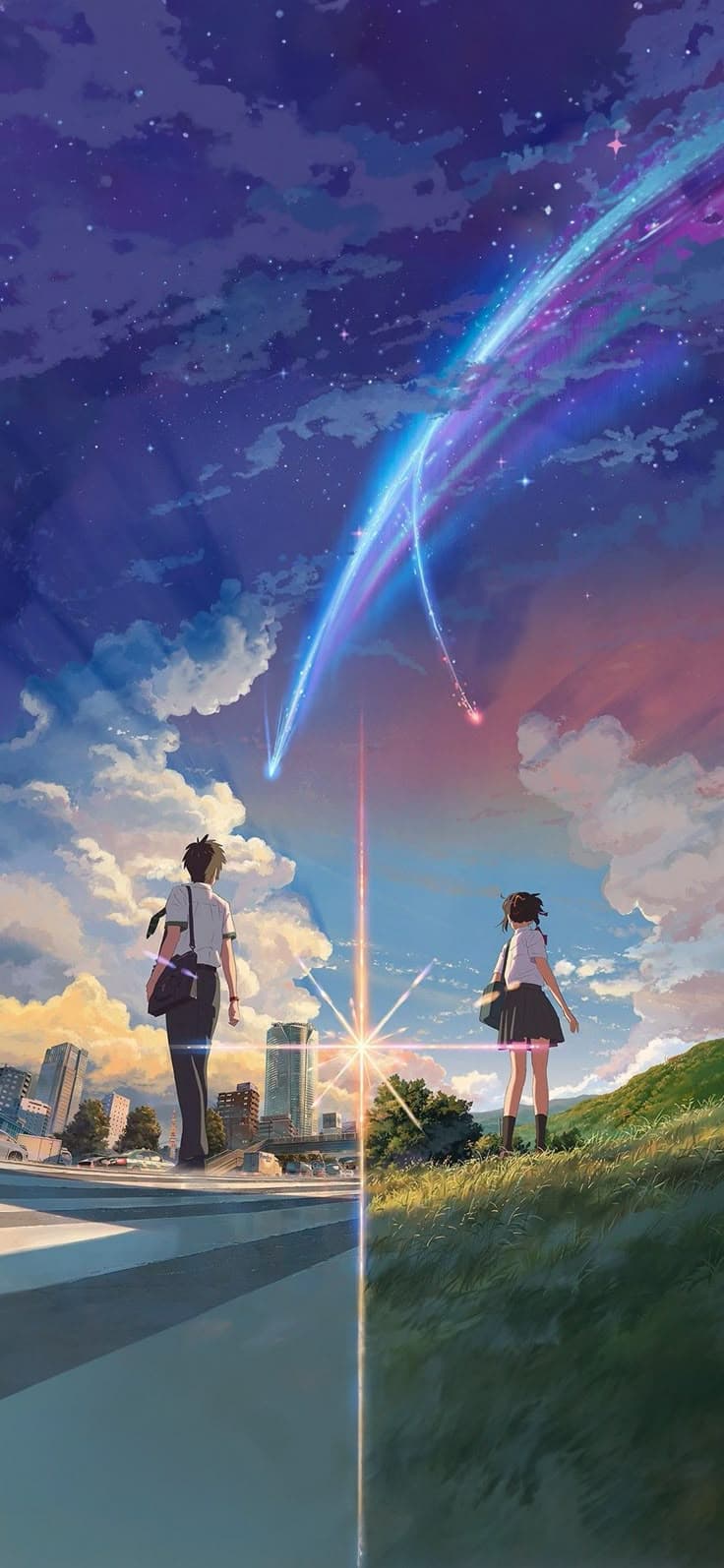 an anime scene with two people looking at the sky