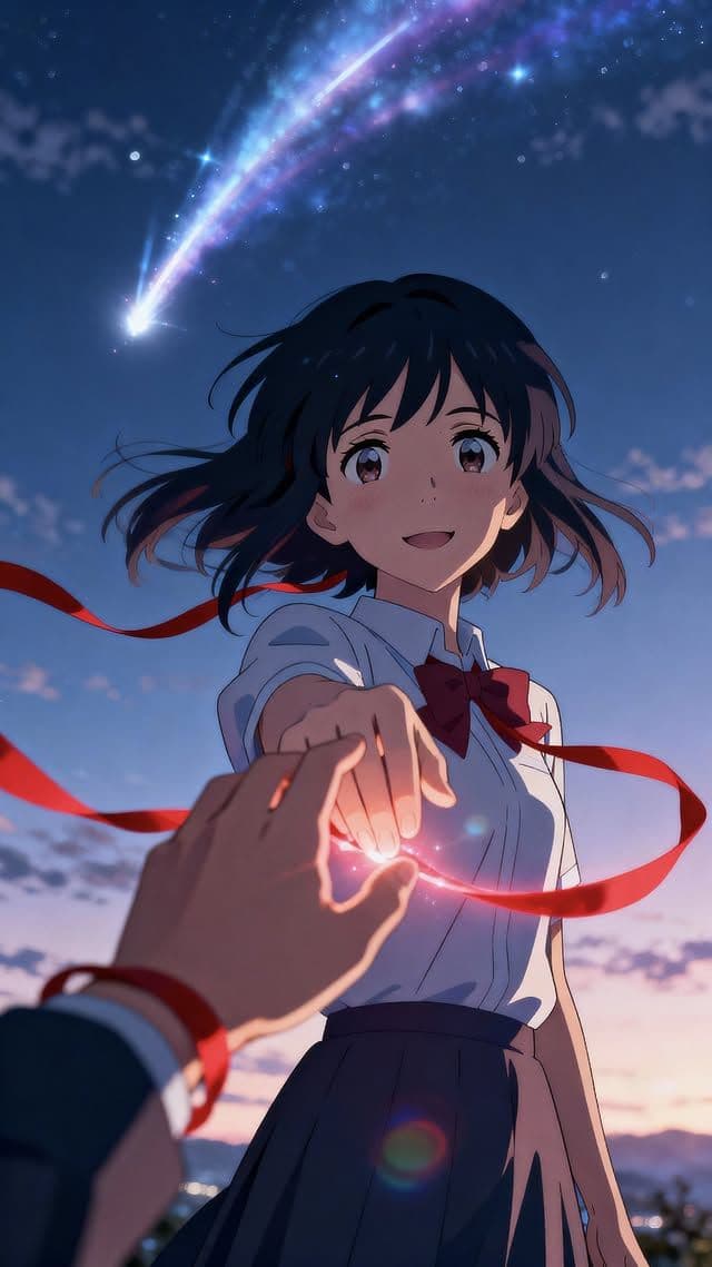 an anime character holding a red ribbon in front of her face and looking at the sky
