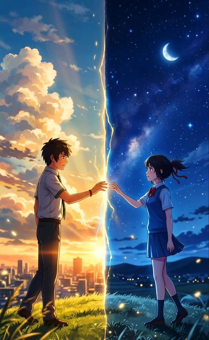 two people standing next to each other in front of a sky with stars and clouds