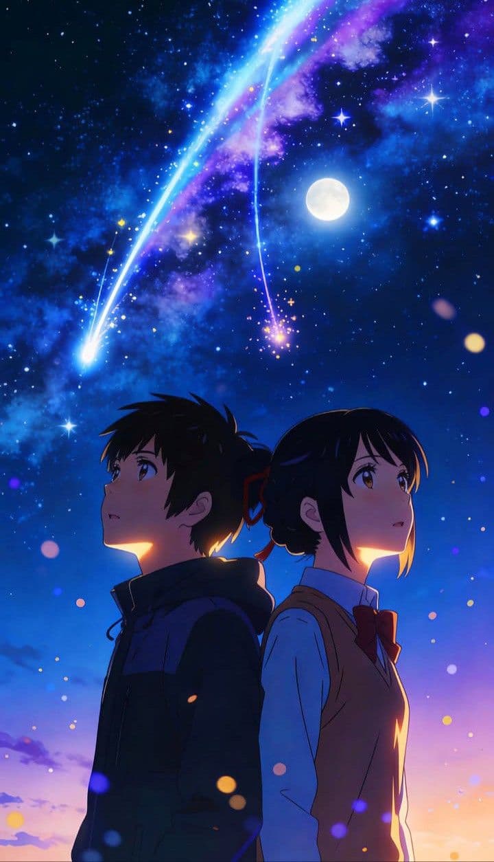 two people standing in front of a sky with stars and the sun shining down on them