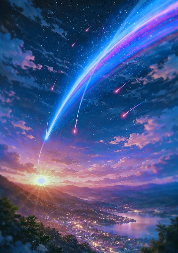 the sky is filled with bright blue and purple stars, as if they were shooting at something