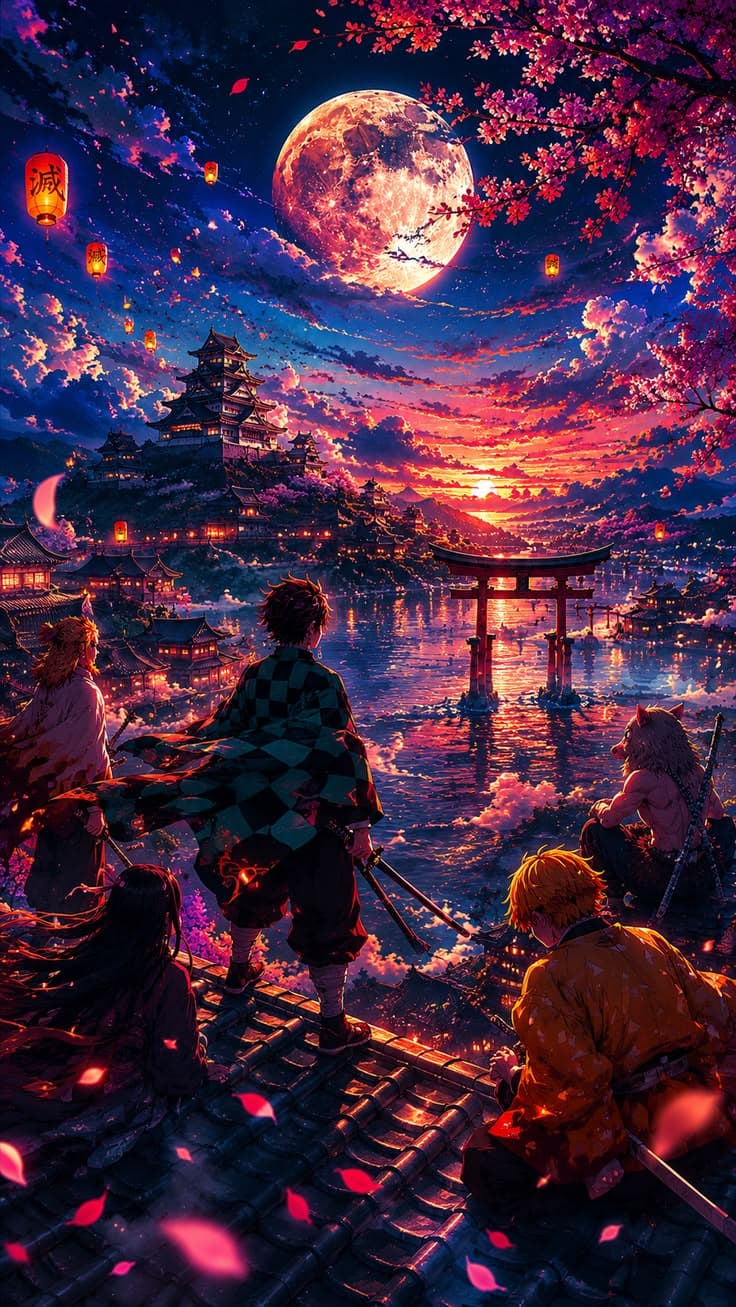 A breathtaking Demon Slayer-inspired wallpaper featuring a glowing moon, vibrant cherry blossoms, and heroic warriors ov