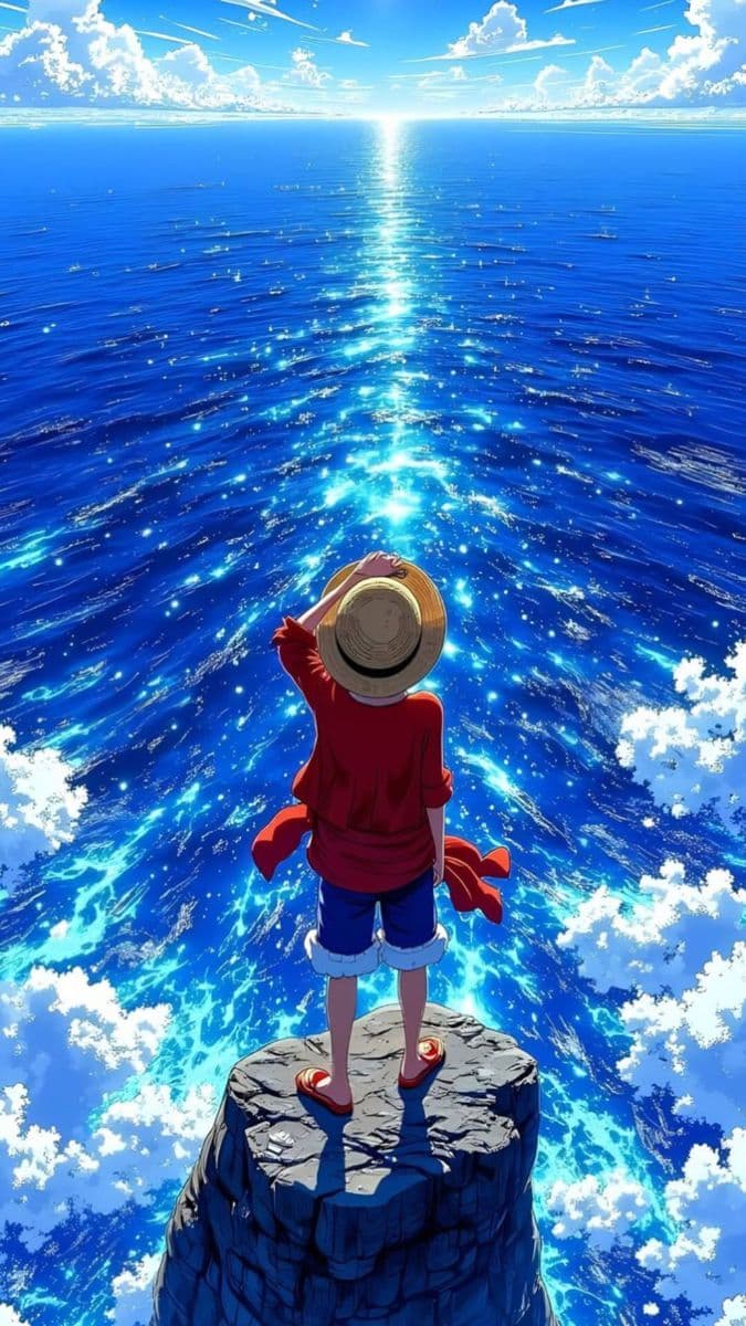 a person standing on the edge of a cliff looking at the ocean and sky with clouds