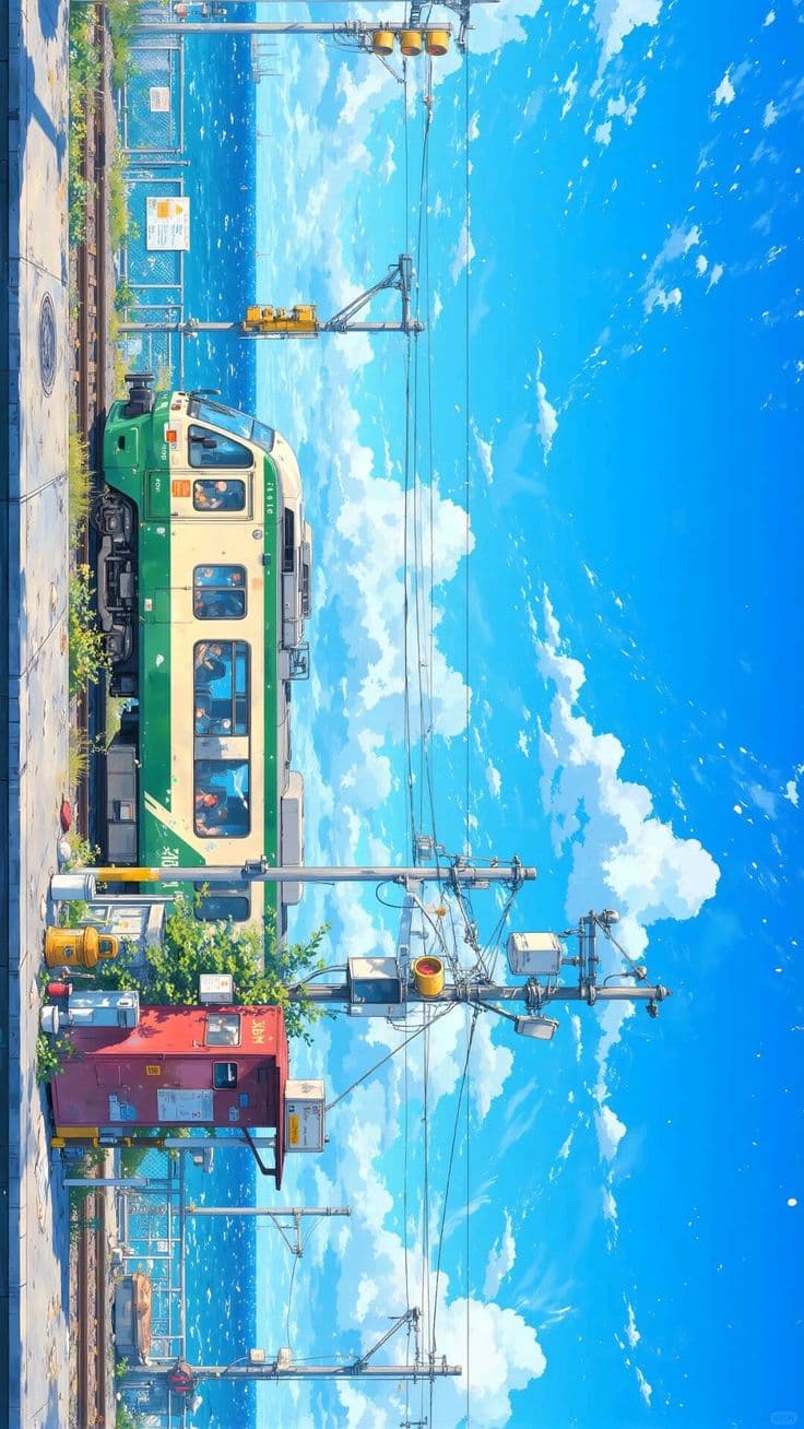 a train going down the tracks next to water and power lines with clouds in the background