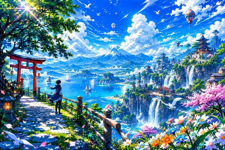 ​A breathtaking, high-quality anime art style landscape illustration of a magical Japanese fantasy world. In the foregro