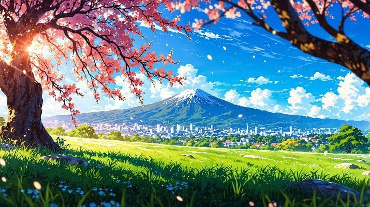 an anime scene with the sun shining behind a tree and mountains in the background,