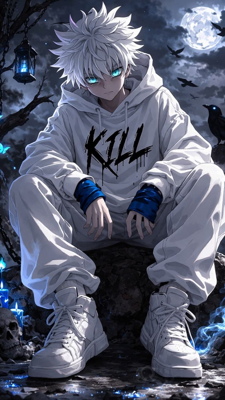 an anime character sitting on top of a rock in front of a full moon sky