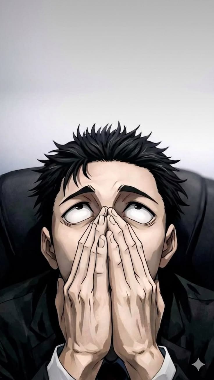 a man covering his face with both hands