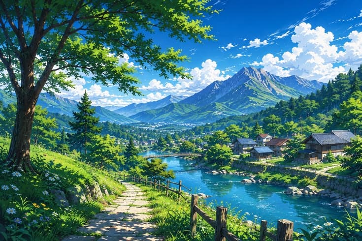 a painting of a scenic view of a river and mountains
