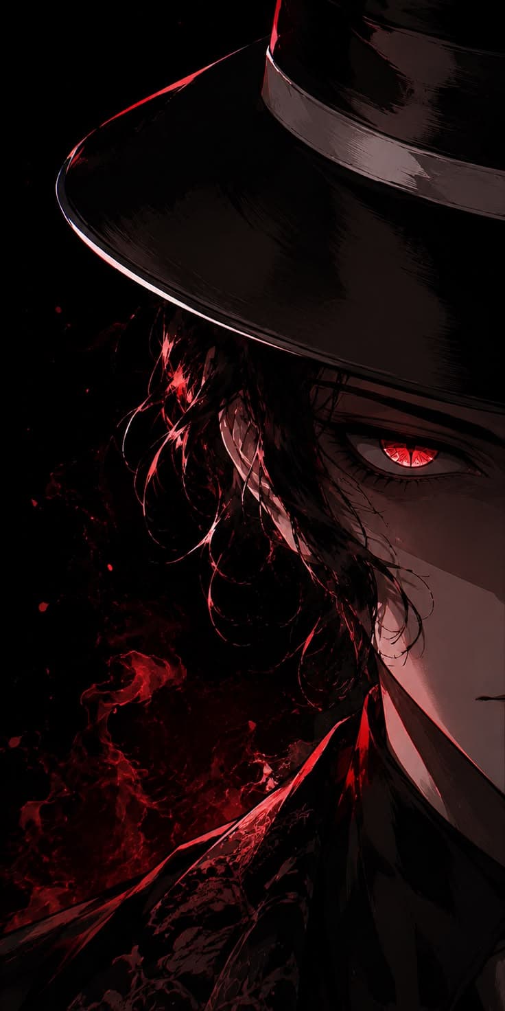 a man with red eyes and a hat on his head is staring into the distance