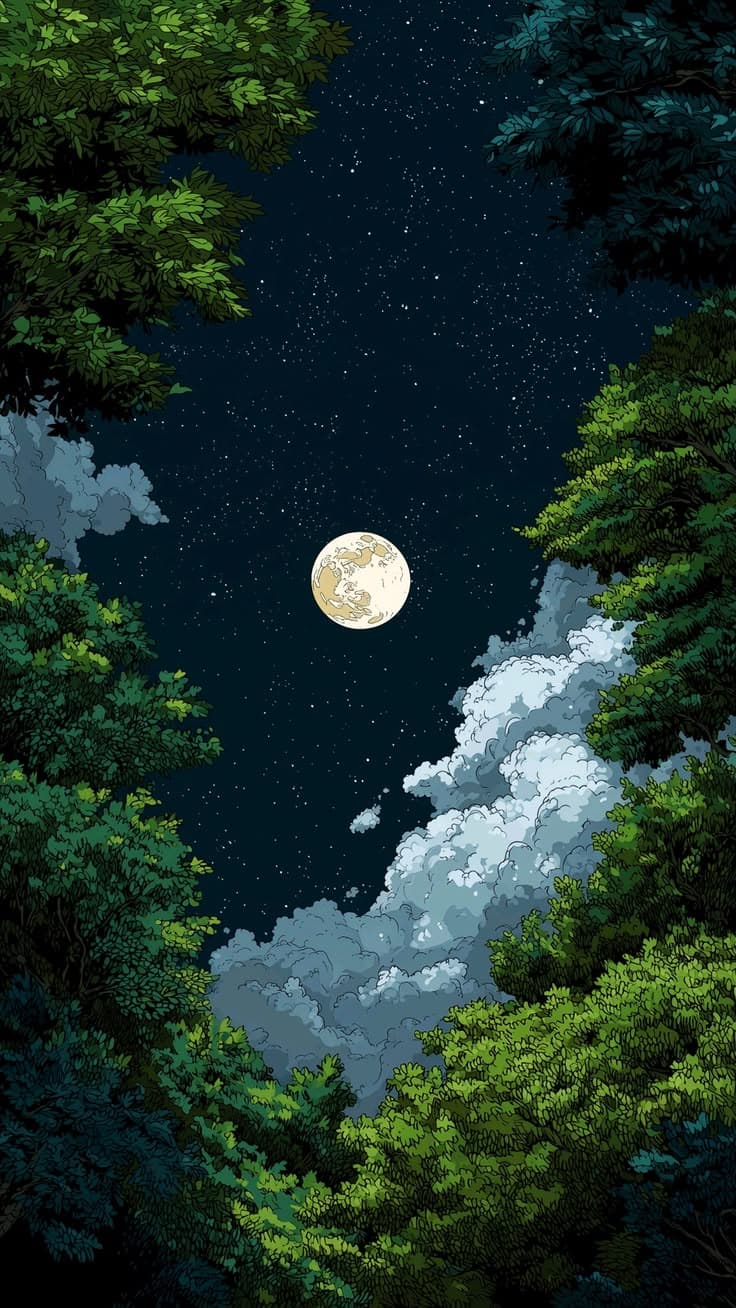 the night sky is full of stars and clouds, as seen from above some trees