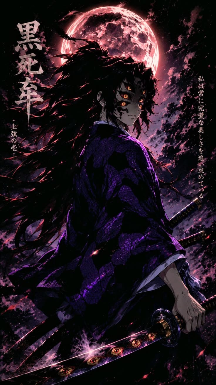 an anime character with long hair standing in front of a full moon