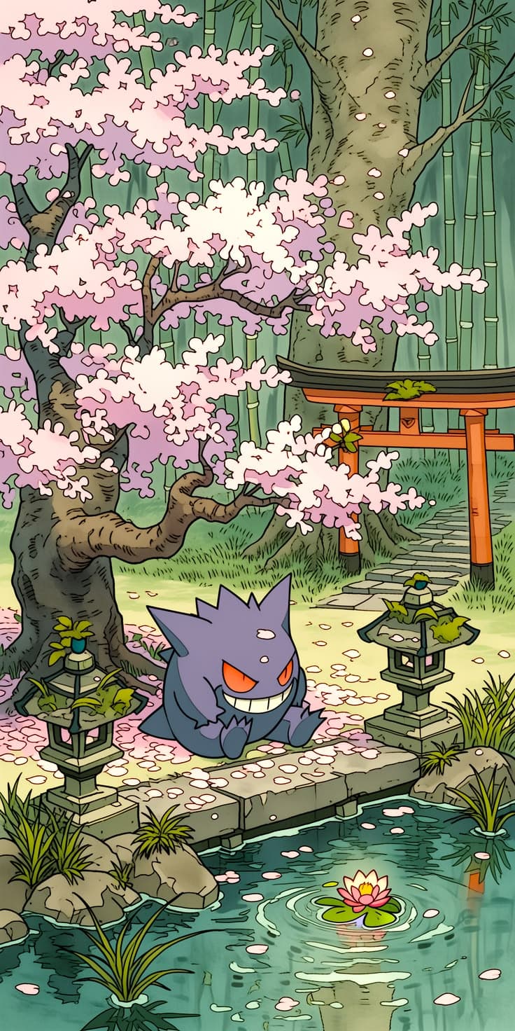 a cartoon character in front of a pond with cherry blossoms on it